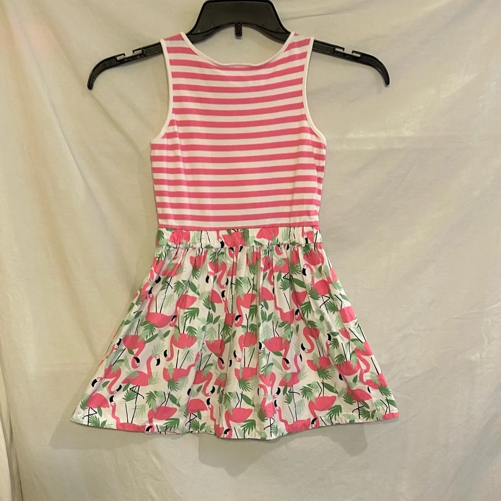 Gymboree Girls 7 Pink White Striped Flamingo Sleeveless Dress Tropical Beach